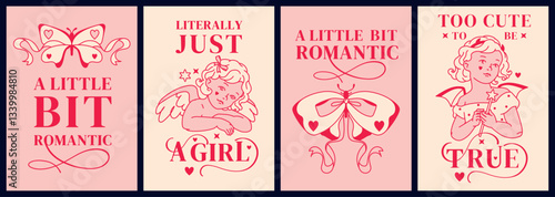 Girly and flirty t-shirt prints and posters. Vintage angel graphics, romantic butterflies, coquette positive feminine statements. Printable limited palette. Pink and cream tone aesthetic designs