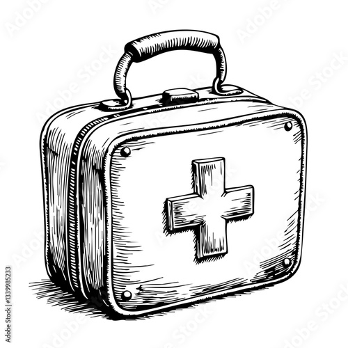 Vintage medical first aid kit sketch illustration  