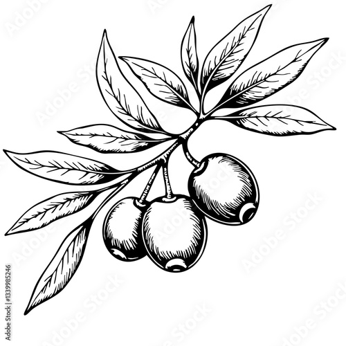 Vintage sketch of olive branch with ripened olives  