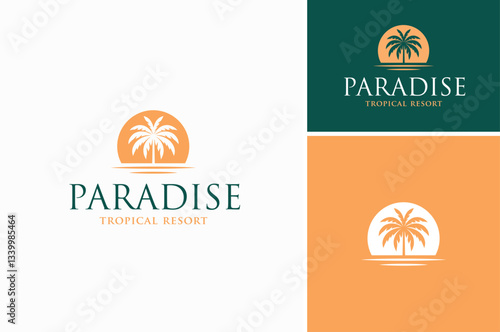 Palm Coconut Tree with Ocean Sea Water and Sunset Setting Sun for Tropical Lake Beach Resort logo design