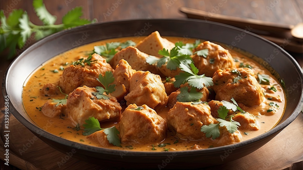 Three bowls of Indian curry dishes with chicken pieces in rich, creamy sauces. Three bowls of Indian curry dishes with chicken pieces in rich, creamy sauces.