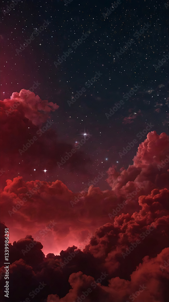 Naklejka premium Majestic Cosmic Sky: Nighttime Cloudscape with Vibrant Stars and Nebula in Serene Twilight
