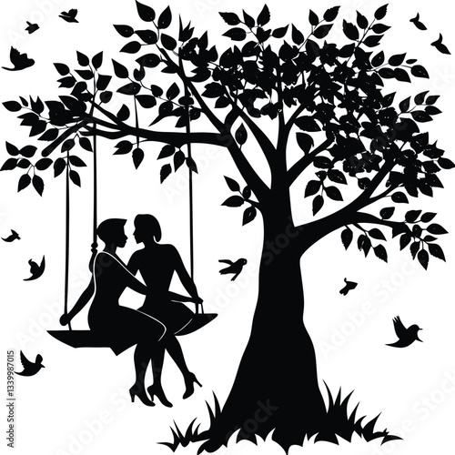 A couple sitting on a swing trees filled with hearts black silhouette vector