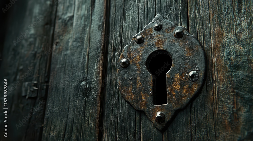 Weathered wooden door has a rusty metal escutcheon with a keyhole. Use this image to represent privacy, security, and history.