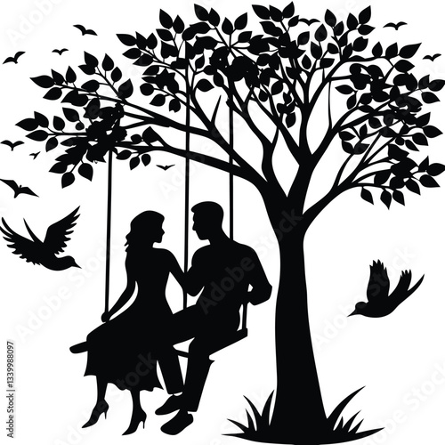couple sitting on a swing trees filled with hearts black silhouette
