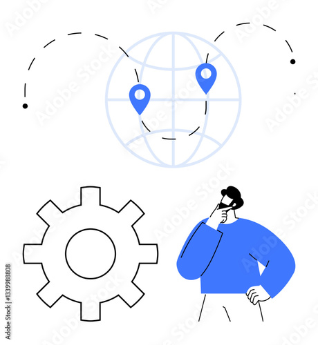 Man pondering next steps in global strategy with world map, location pins, and gear imagery. Ideal for innovation, logistics, planning, teamwork, problem-solving, decision-making global reach flat