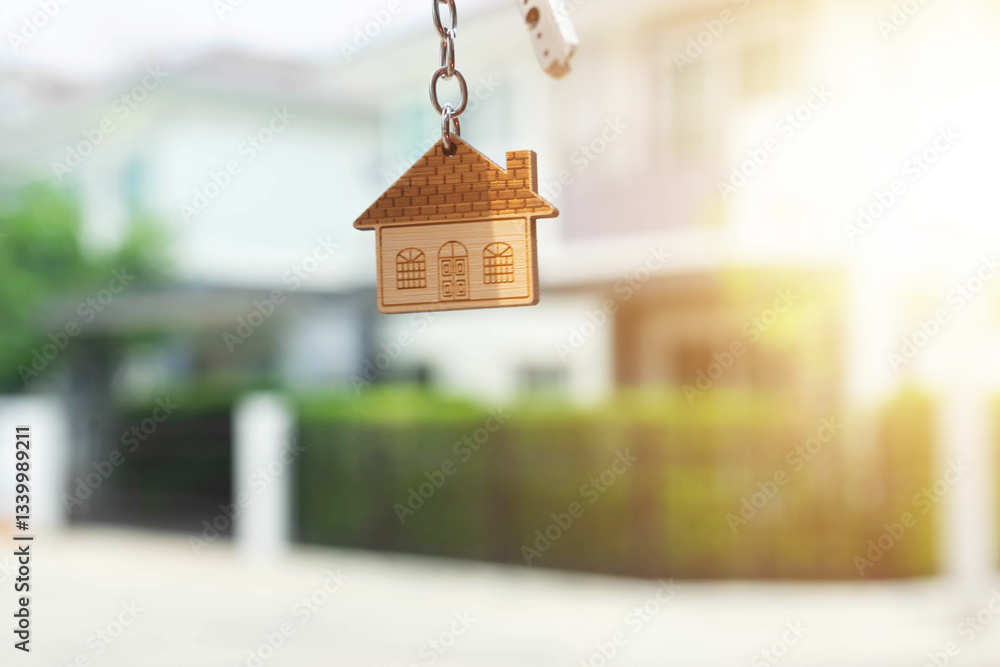 Men hand holding key with house shaped keychain. Modern light lobby interior. Mortgage concept. Real estate, moving home or renting property. Men hand holding key with house shaped keychain. Modern light lobby interior. Mortgage concept. Real estate, moving home or renting property.