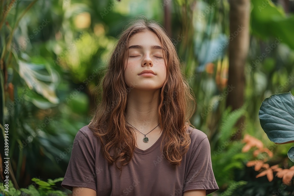 Girl meditating in lush green foliage, eyes closed, focused and serene. It shows calmness, wellness, peacefulness, good for relaxation content. Girl meditating in lush green foliage, eyes closed, focused and serene. It shows calmness, wellness, peacefulness, good for relaxation content.