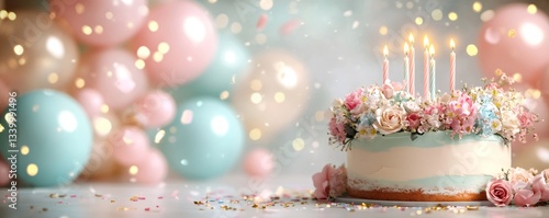 Beautifully decorated birthday cake with lit candles, adorned with flowers, sits amidst pastel balloons and confetti, creating a festive atmosphere