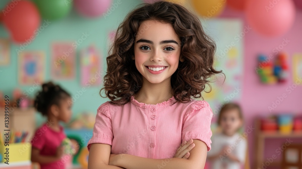 Portrait of a Smiling Girl in a Pink Shirt at Preschool Portrait of a Smiling Girl in a Pink Shirt at Preschool