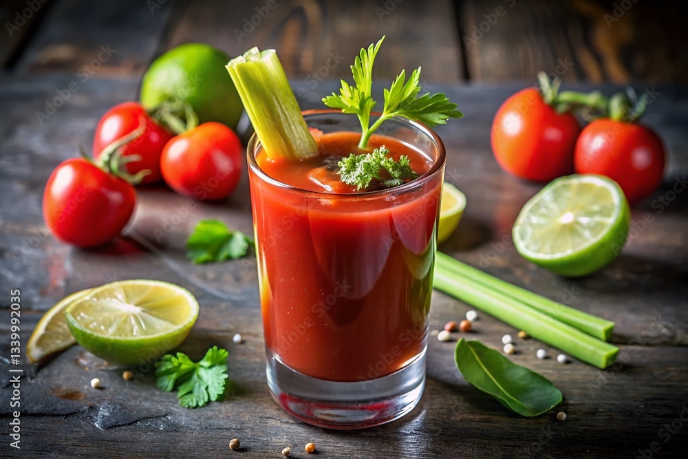 Close-up of a Vibrant Bloody Mary Cocktail with Celery and Lime Garnish Close-up of a Vibrant Bloody Mary Cocktail with Celery and Lime Garnish