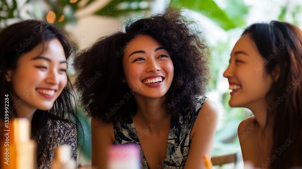 Obraz premium Japanese women of diverse backgrounds enjoying lively conversation about skincare and beauty products highlighting their natural beauty and positive vibes