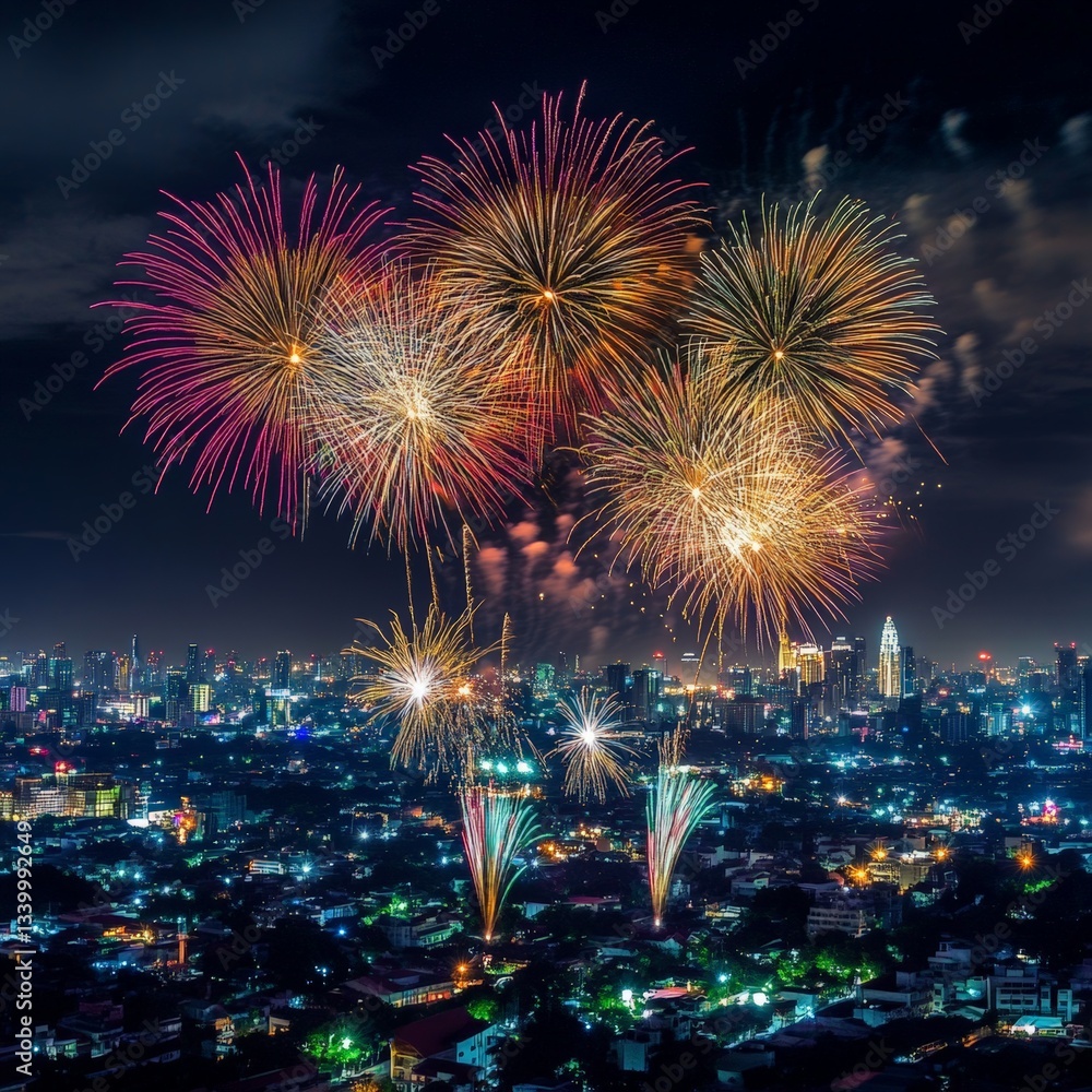 Obraz premium Spectacular Night Fireworks Display Over a City Skyline with Colorful Explosions Illuminating the Night