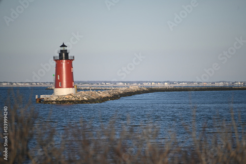Delaware Breakwater East End Lighthouse Cape Henlopen Historic Red and White nautical light in early morning light