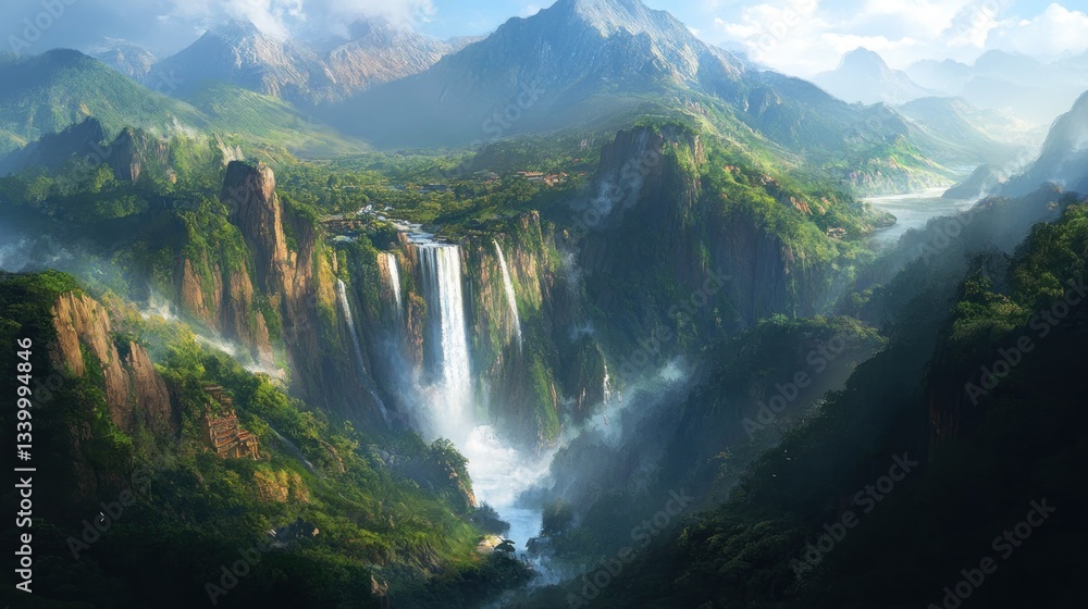 Fototapeta premium A massive waterfall plunging down a canyon, surrounded by lush green mountains --ar 16:9 --v 6.1 Job ID: 52de28a3-ae0d-436c-89fd-eb75e5d35844