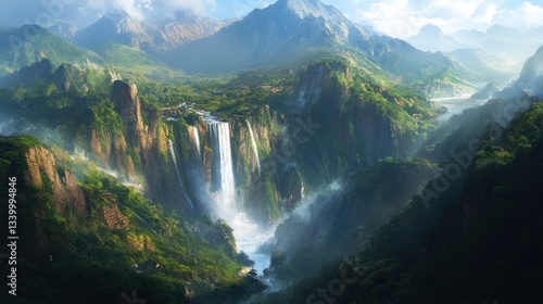 A massive waterfall plunging down a canyon, surrounded by lush green mountains --ar 16:9 --v 6.1 Job ID: 52de28a3-ae0d-436c-89fd-eb75e5d35844