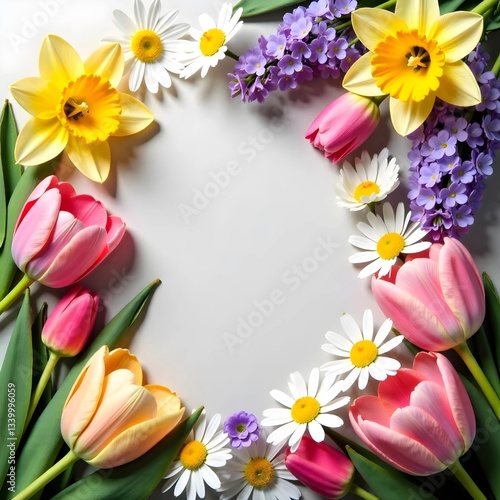 frame of colorful flowers,  many spring flowers, tulips, daffodils, daisies, chamomile, lilac, background made of flowers, soft light pastel colors