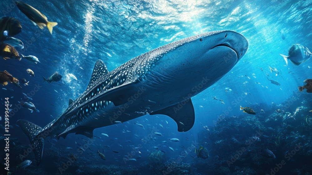 Fototapeta premium A massive whale shark gliding through the deep ocean, surrounded by fish --ar 16:9 --v 6.1 Job ID: 607c1eac-37d0-46c4-9633-df59d761700d