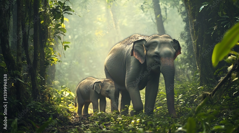 Fototapeta premium Borneo Pygmy Elephant calf walking beside its mother in a misty rainforest their small rounded frames contrasting with towering trees