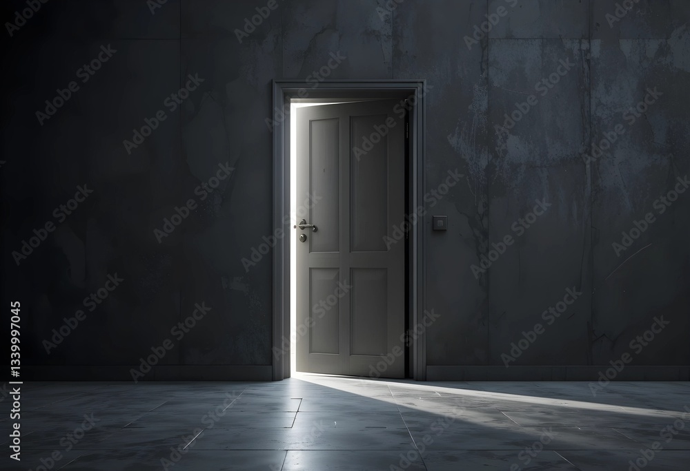 A single door slightly open in darkness, with soft light shining through. A minimalist concept symbolizing hope, new possibilities, and opportunities, ideal for mental health and motivation themes. A single door slightly open in darkness, with soft light shining through. A minimalist concept symbolizing hope, new possibilities, and opportunities, ideal for mental health and motivation themes.