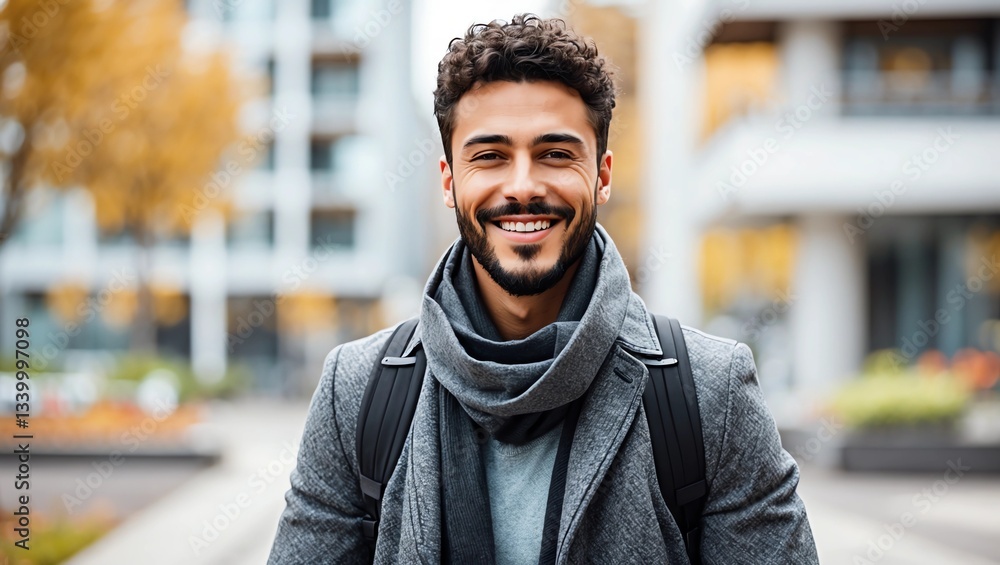 Fototapeta premium Handsome joyful man autumn portrait. Smiling men student wearing warm clothes in a city in winter