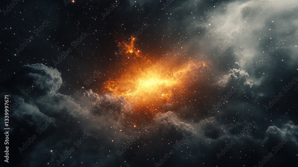 Fototapeta premium Cosmic Inferno: A fiery nebula explodes in the vast expanse of space, surrounded by swirling clouds of gas and dust. A celestial spectacle of vibrant orange and deep blacks.