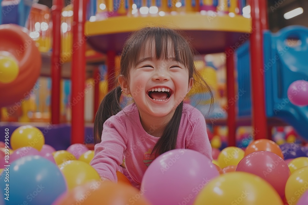 Obraz premium Child's Joyful Play in Colorful Ball Pit: Happy Toddler's Fun, Indoor Playground Adventures, Bright Balls, Smiling Girl's Excitement