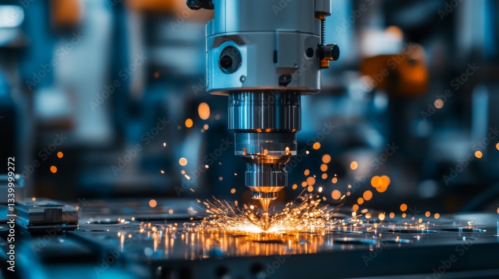 Industrial Machine Precisely Cutting Metal Sparks Flying Industrial Machine Precisely Cutting Metal Sparks Flying