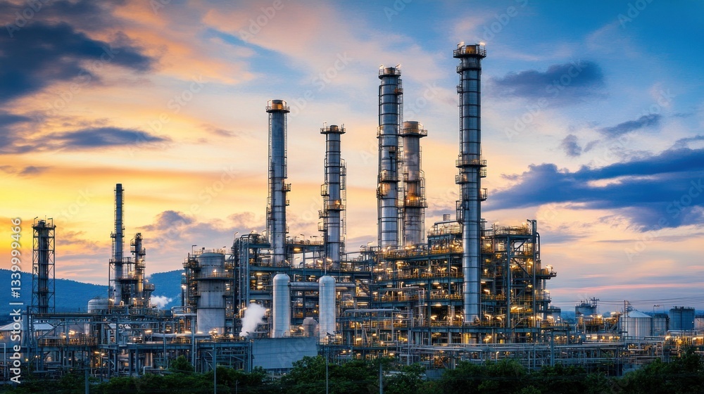 Fototapeta premium Majestic Industrial Sunset, Oil Refinery at Golden Hour