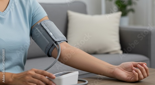 Woman Using A Digital Blood Pressure Monitor At Home