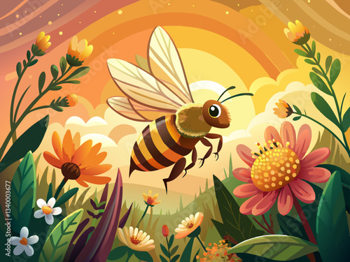 vector of  This image captures a bee in mid-flight, pollinating flowers under golden sunlight, emphasizing the essential role bees play in the ecosystem and biodiversity.