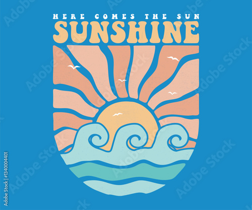Sunshine Wave. Here come the sun. Summer vibes artwork. Sunshine paradise graphic print design. Surf club design. Beach modern abstract art. Ocean abstract wave. 