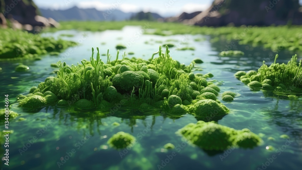 A vibrant, microscopic close-up of green microorganisms, A vibrant, microscopic close-up of green microorganisms,