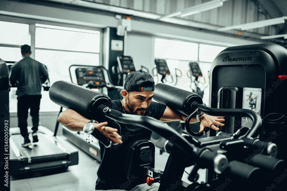 Hombre de 30 años haciendo ejercicio en un gimnasio de Bogotá, Colombia