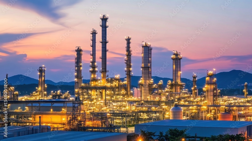Illuminated Refinery at Dusk, Panorama of Industrial Might Illuminated Refinery at Dusk, Panorama of Industrial Might