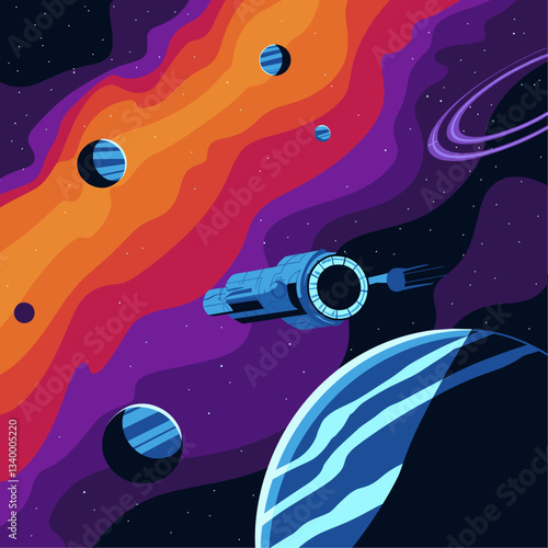 Vivid digital artwork depicting a spacecraft navigating through a colorful cosmic landscape filled with planets and stars.