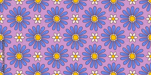 Vibrant seamless floral pattern with retro and playful design. Contrasting hues, groovy aesthetic hippie culture 60s and 70s for fashion, interior design branding, textiles or wrapping paper
