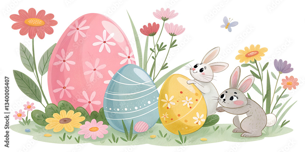 Fototapeta premium Playful easter scene with cute bunnies and colorful decorated eggs amidst spring flowers