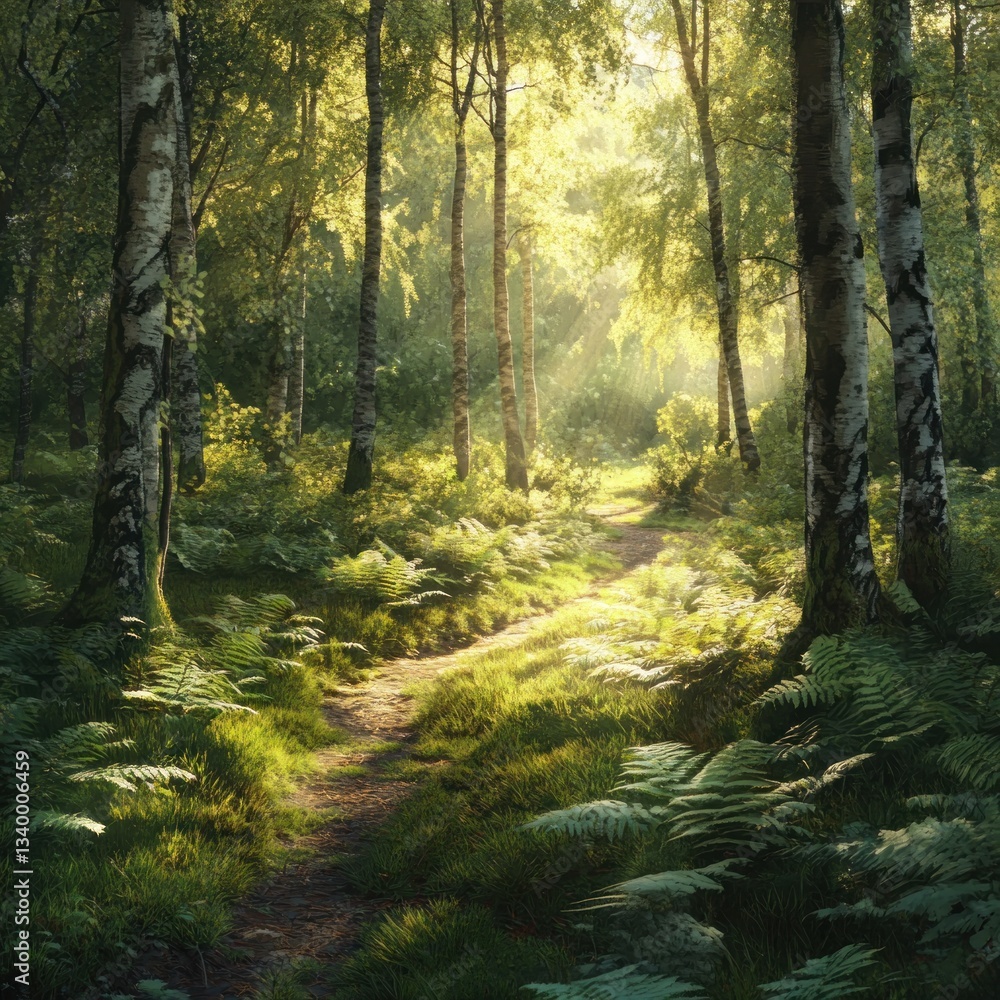 Fototapeta premium Sunlit Path Through a Verdant Birch Forest, a Serene Nature Escape