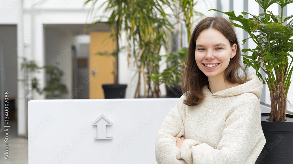 Bright and cheerful woman smiling at home with plants in a cozy indoor setting and plenty of natural light Bright and cheerful woman smiling at home with plants in a cozy indoor setting and plenty of natural light