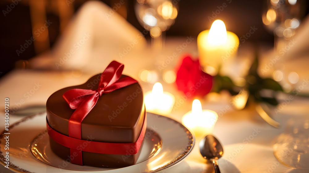 Heart-shaped chocolate box with red ribbon, glowing in candlelight, evokes romance and warmth. Heart-shaped chocolate box with red ribbon, glowing in candlelight, evokes romance and warmth.