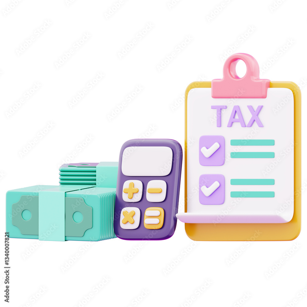 Fototapeta premium Government tax document with calculator and banknote representing business payment invoice processing icon. 3d payment for business illustration image