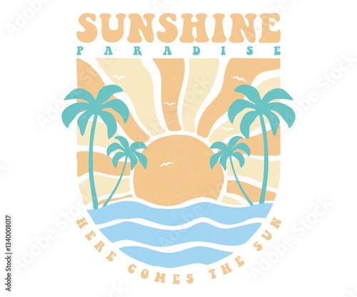 Sunshine, State of Mind, Here come the sun. Summer vibes artwork. Sunshine paradise graphic print design. Surf club design. Beach modern abstract art. Ocean abstract wave. 