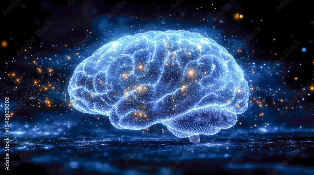 Flowing glowing particles and lines create an ethereal representation of a brain in a dark cosmic background Flowing glowing particles and lines create an ethereal representation of a brain in a dark cosmic background