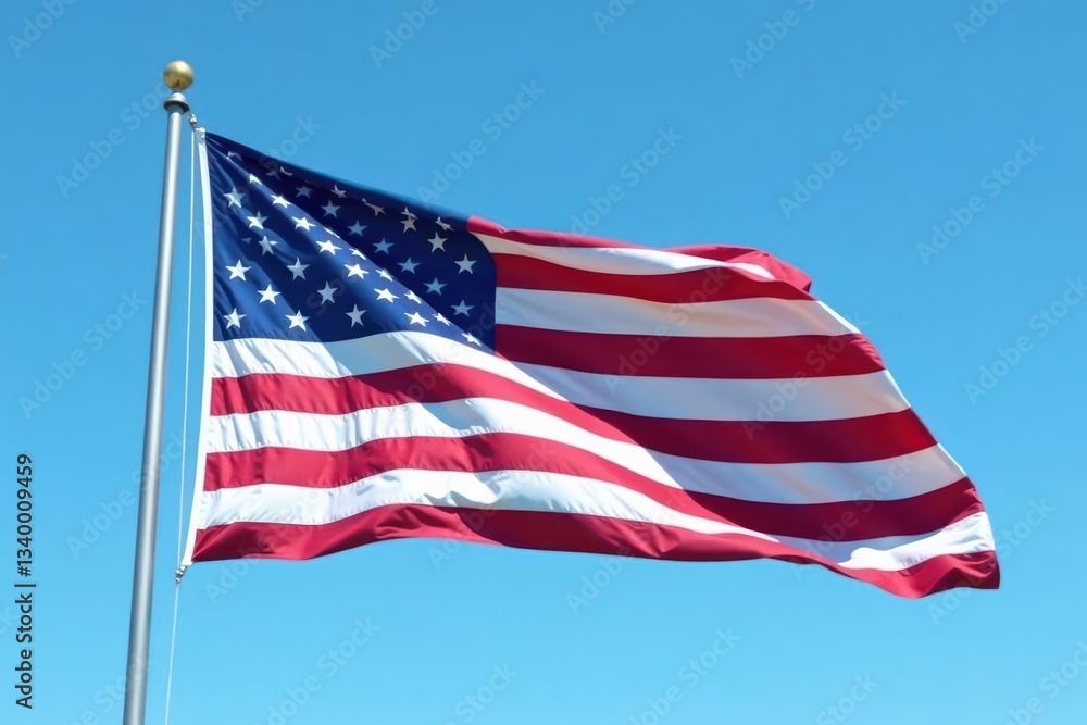 Fototapeta premium Crisp, clear sky, a bold American flag proudly unfurls in gentle breeze , waving, blue