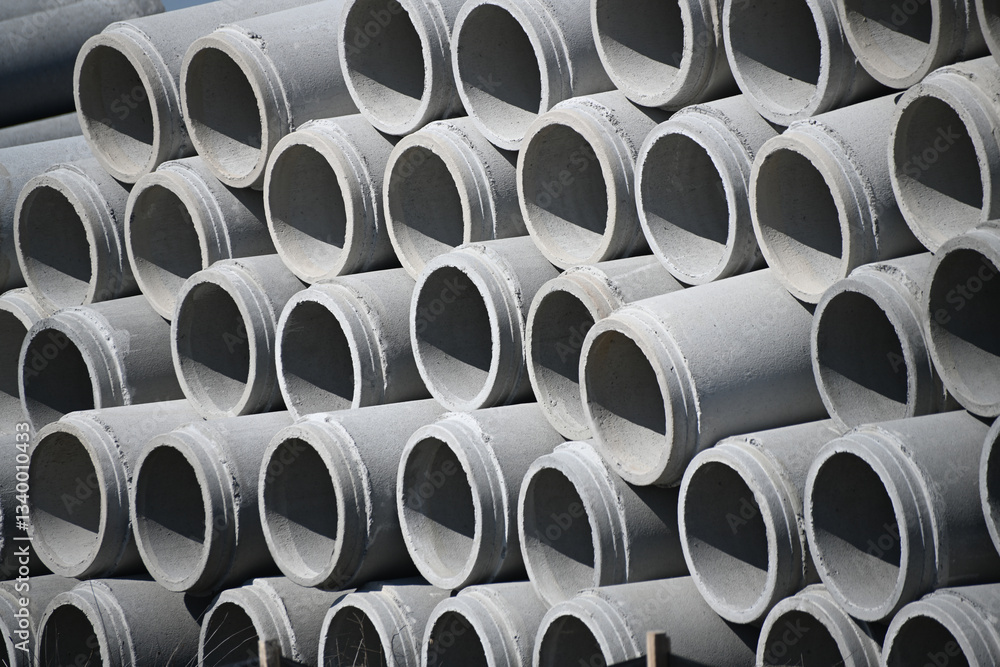 Reinforced precast concrete pipe pile designs stacked in a pile Reinforced precast concrete pipe pile designs stacked in a pile