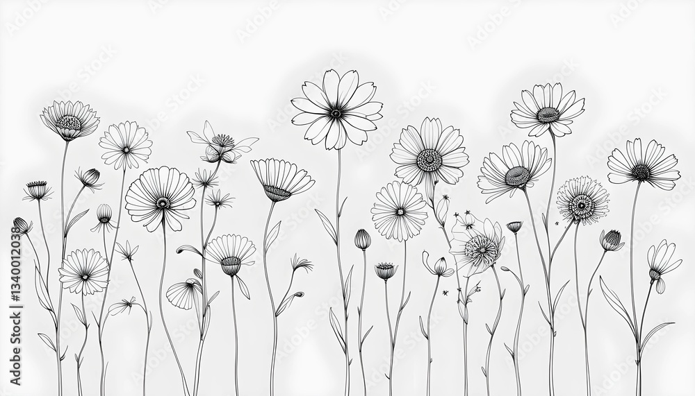 Naklejka premium A serene and sophisticated black and white line art illustration of various wildflowers.