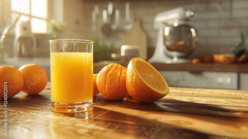 Refreshing Orange Juice and Fresh Oranges on Wooden Counter