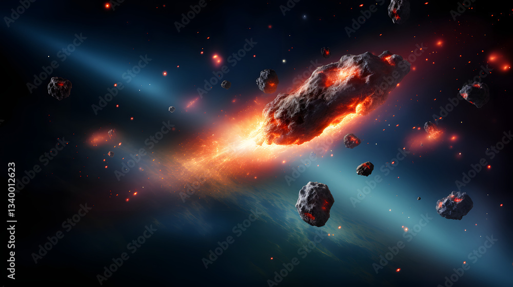 Naklejka premium An enigmatic space scene featuring asteroids floating gracefully in a dark backdrop with high-resolution detail and cosmic ambiance.