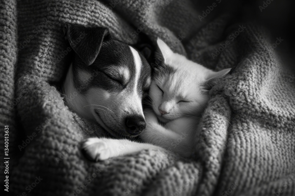 Obraz premium A cozy dog and cat snuggled together under a soft blanket, creating a peaceful scene indoors